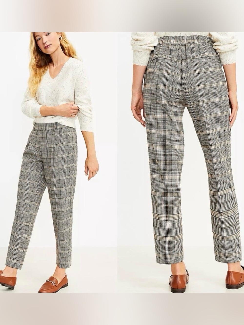 Loft Plaid Pull-On Tapered Ankle Pants, Black/Tan, Women’s Small